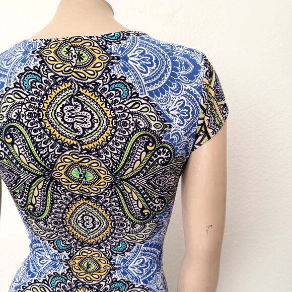 [Cache] Blue Brown Faux Wrap V-Neck Paisley Knot Waist Dress Work Size Small S - Picture 7 of 10